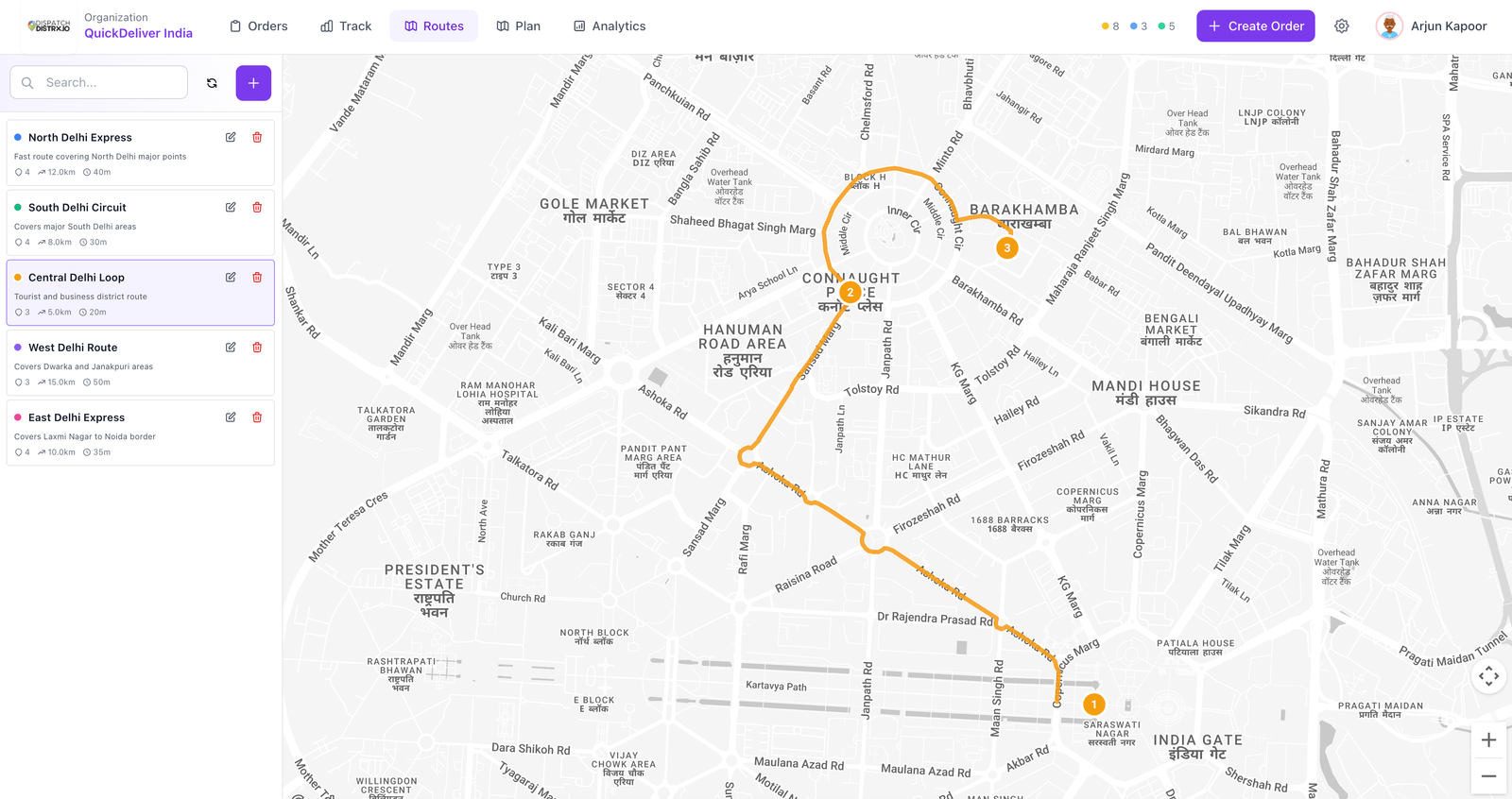 Optimized route with stops on a map